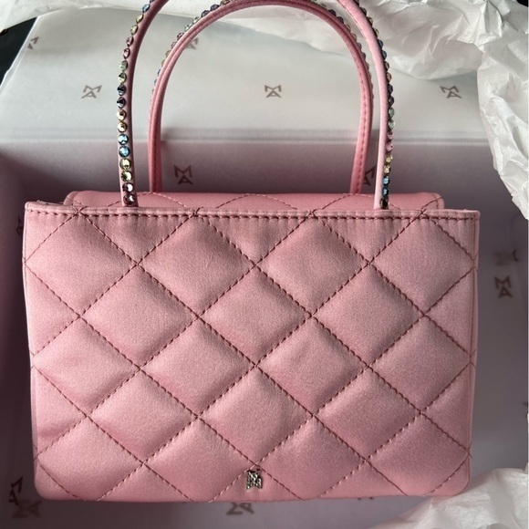 Amina Betty Quilted Satin Top Handle Bag::NWT::Baby Pink Candy Rainbow Crystals - Picture 1 of 12